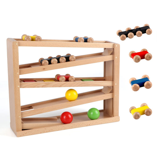 Qilay wooden race track 14in length promotes portable, engaging toddler play.