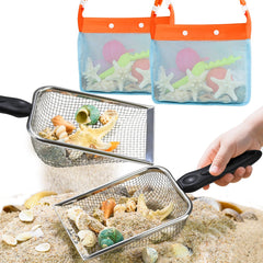 QINGLER beach mesh shovel sifter in action helping kids filter sand and reveal shells