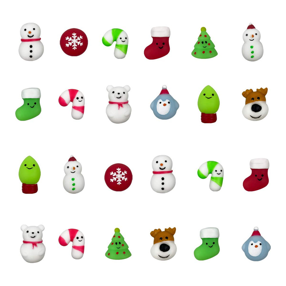 QINGQIU Christmas Mochi squishies—front view of the 24-piece set for festive play