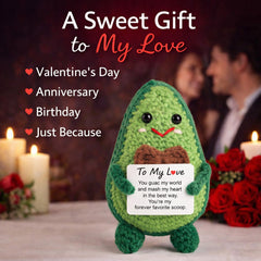 Soft handmade Qinthory avocado plush crafted from yarn for cozy hugs.