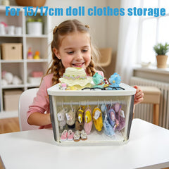QIPECO foldable wardrobe opened shows organized doll clothes with hanger rack.
