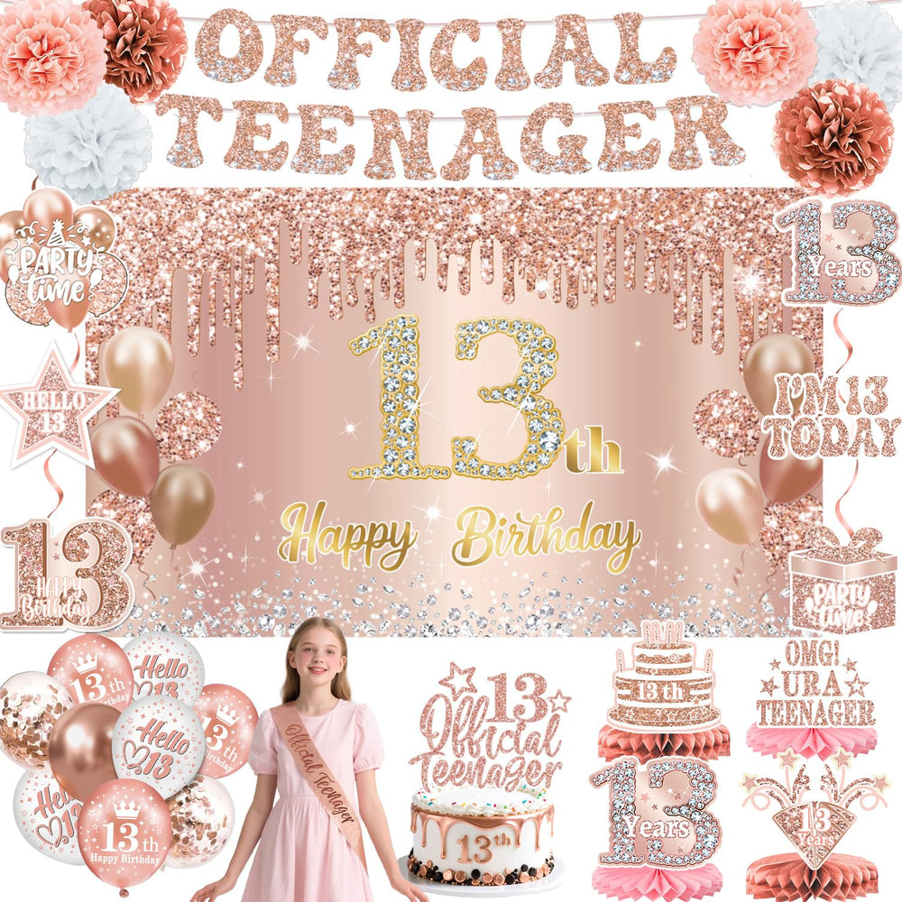 Qiyanpax 13th birthday banner enhances the party entrance with cohesive rose gold styling.