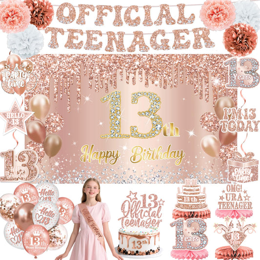 Qiyanpax 13th birthday banner enhances the party entrance with cohesive rose gold styling.