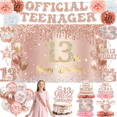 Qiyanpax 13th birthday banner enhances the party entrance with cohesive rose gold styling.