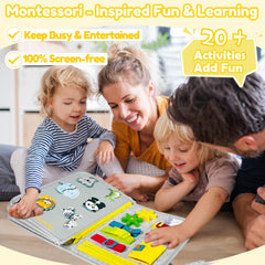 Qizfun Busy Board page showing buttons for fine motor practice