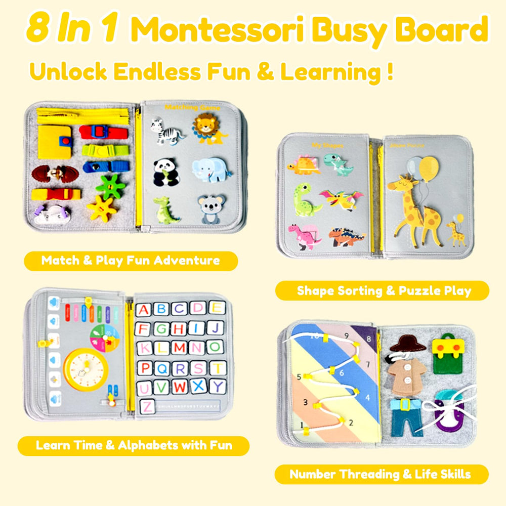 Qizfun Busy Board page featuring gears for cause-and-effect play