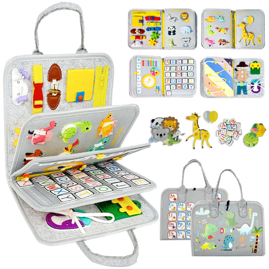 Qizfun Busy Board Dinosaur page with zippers and gears for tactile learning