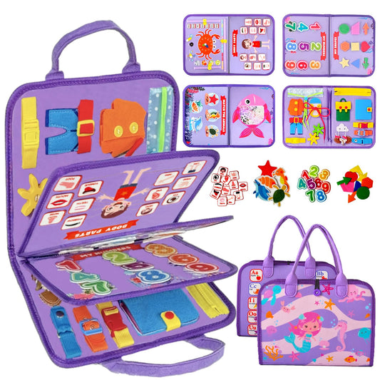 Qizfun Mermaid Busy Board cover showcases vibrant mermaid design for screen-free play.