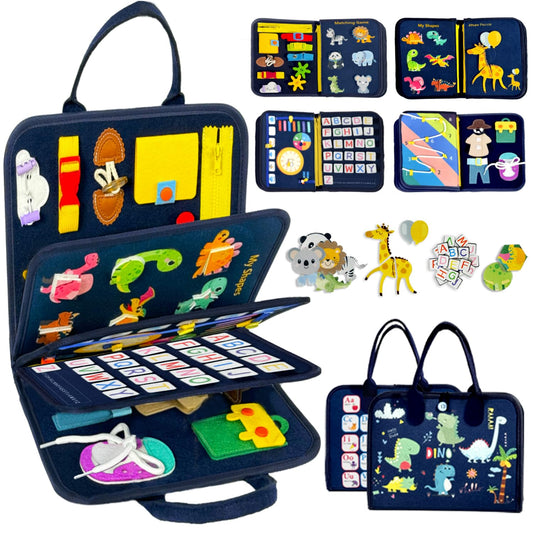 Qizfun Toddler Busy Board 8-page dinosaur page with tactile activities for early learning