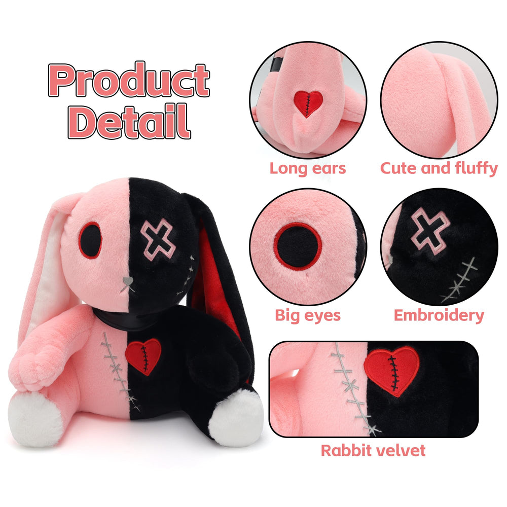 Qleewei Goth Bunny plush on a bed, perfect spooky companion
