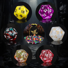 QMay close-up of multi-color dice faces including D20 and D12