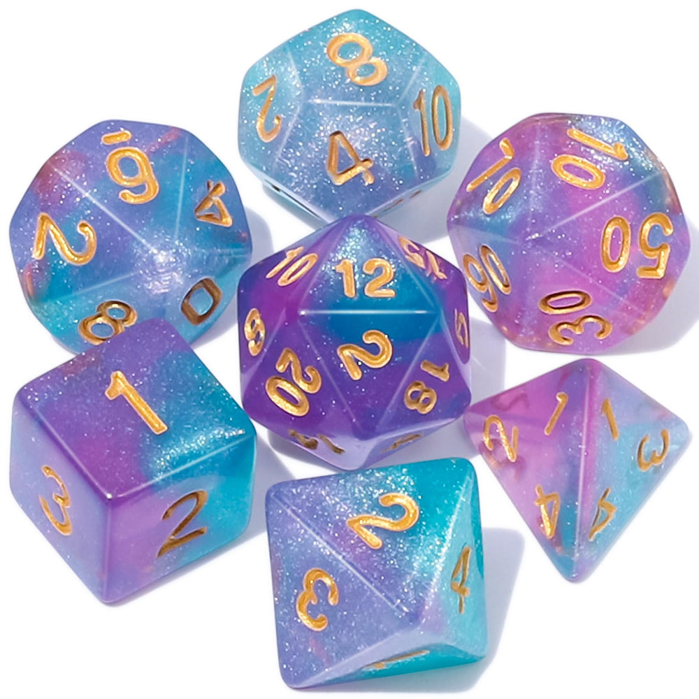 QMay DND Dice Set shows the purple light blue glitter with crisp golden numbers for quick, confident rolls.