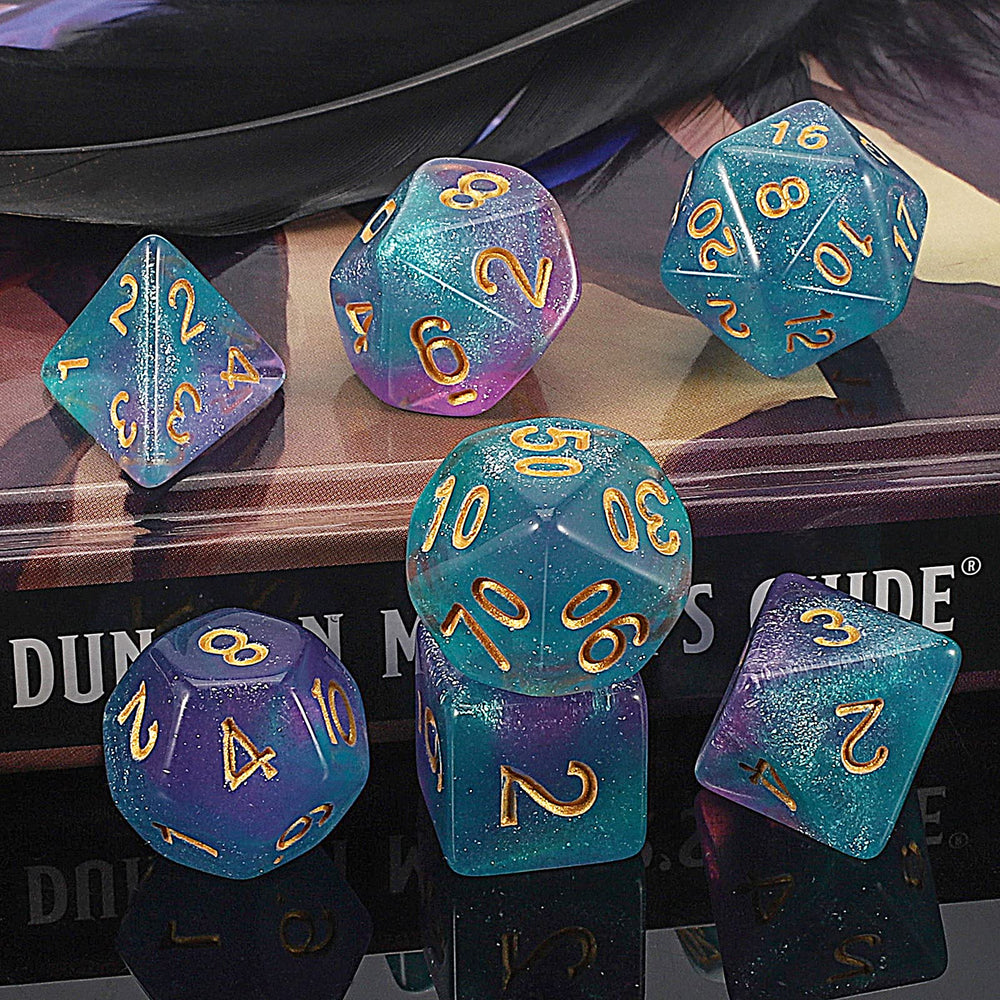 QMay DND Dice Set purple light blue glitter features a sturdy d4 for precise tiny-number outcomes.