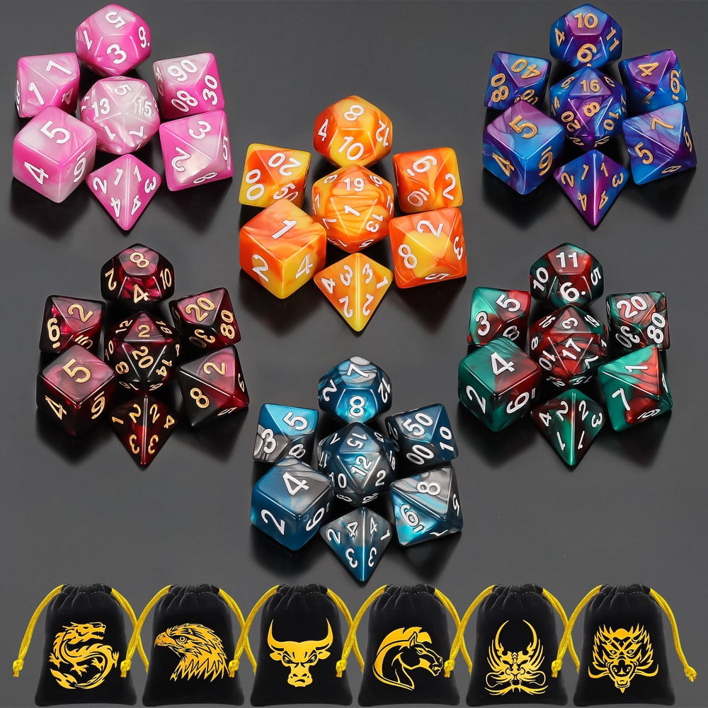 QMay DND dice sets with 42 pieces organized for tabletop play