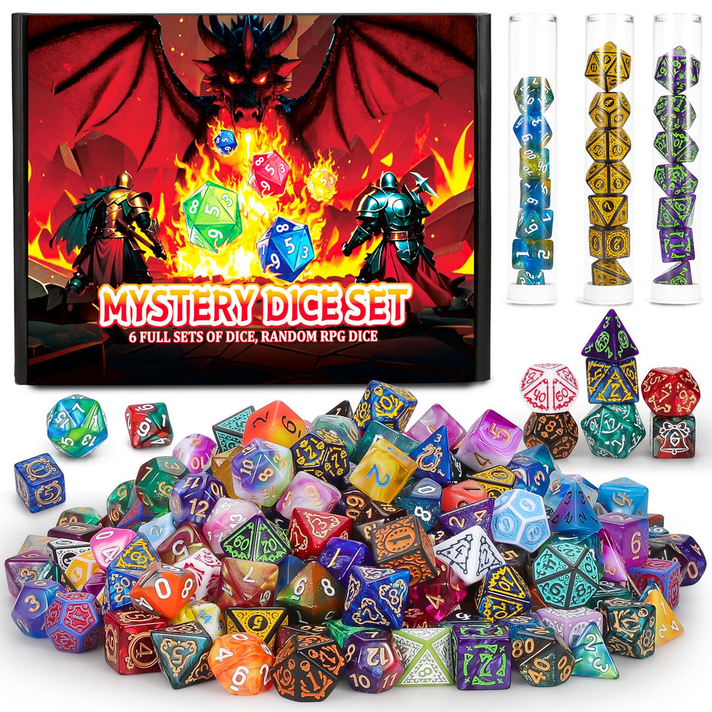 QMAY Mystery Dice Box unboxing reveals six surprise dice sets for D&D.