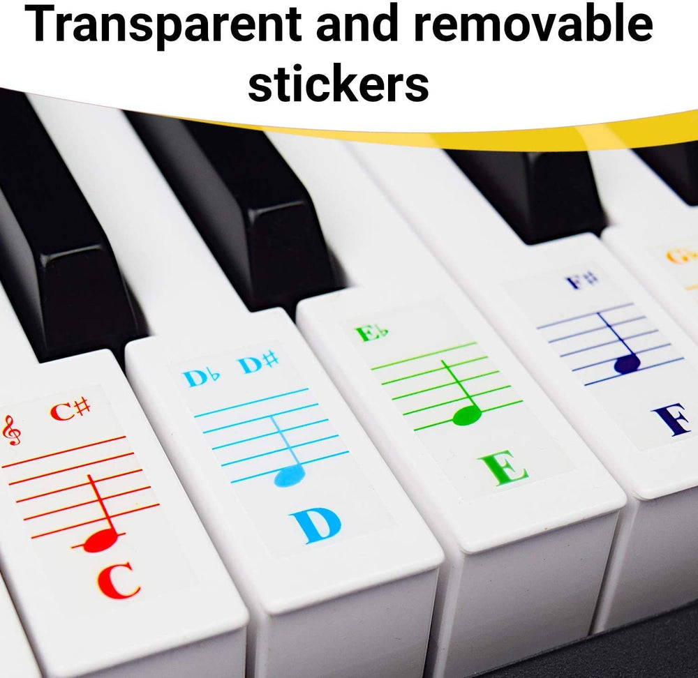 QMG kids learning at piano with color stickers at home.