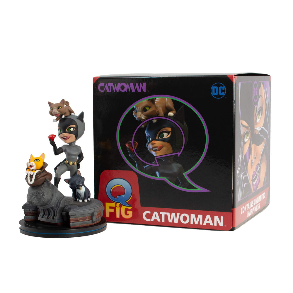 QMx Catwoman Q-Fig Elite kitties and Catwoman diorama on a shelf.