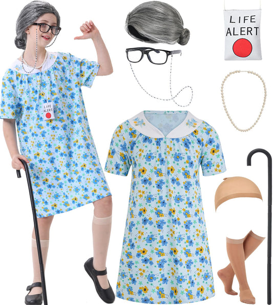 qnprt old lady dress ensemble with wig and accessories, perfect for imaginative play and school events.