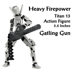 Qoopower Gatling T13 Titan weapons pack enhances dynamic posing for desk setups.