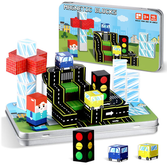 Qoubai 45pcs magnetic blocks case keeps pieces organized for travel play.