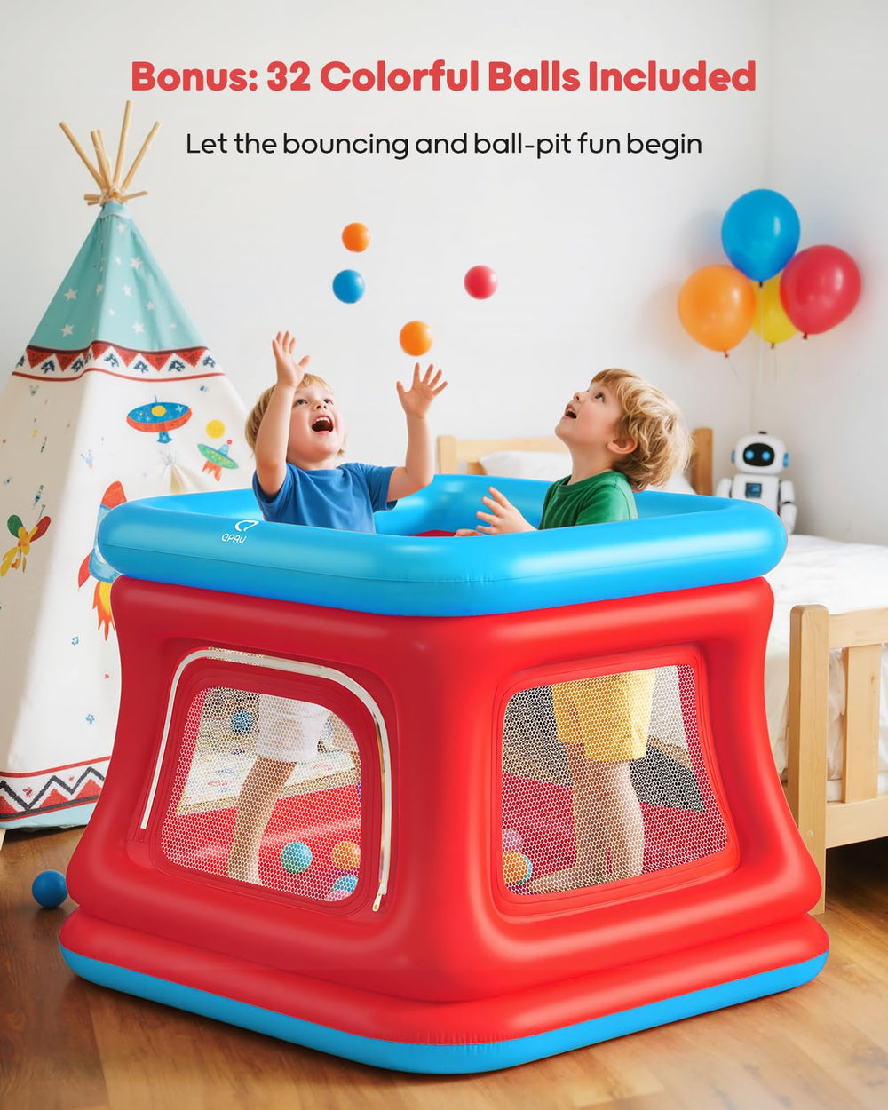 QPAU 3-in-1 bounce house trampoline area showcases safe jumping for motor skill development.
