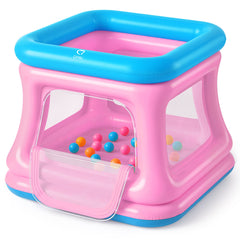 QPAU 3-in-1 inflatable bounce house with blue and pink exterior for versatile indoor/outdoor play.