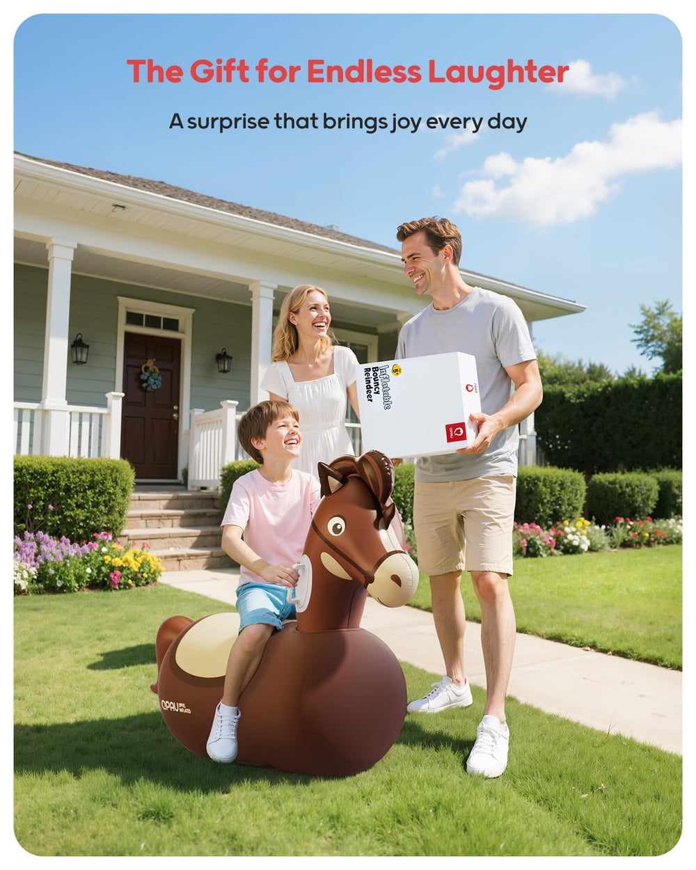 QPAU inflatable horse with separated head and body chambers for even air flow