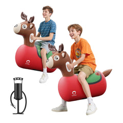 QPAU inflatable reindeer hopper bouncer ready for festive outdoor play.