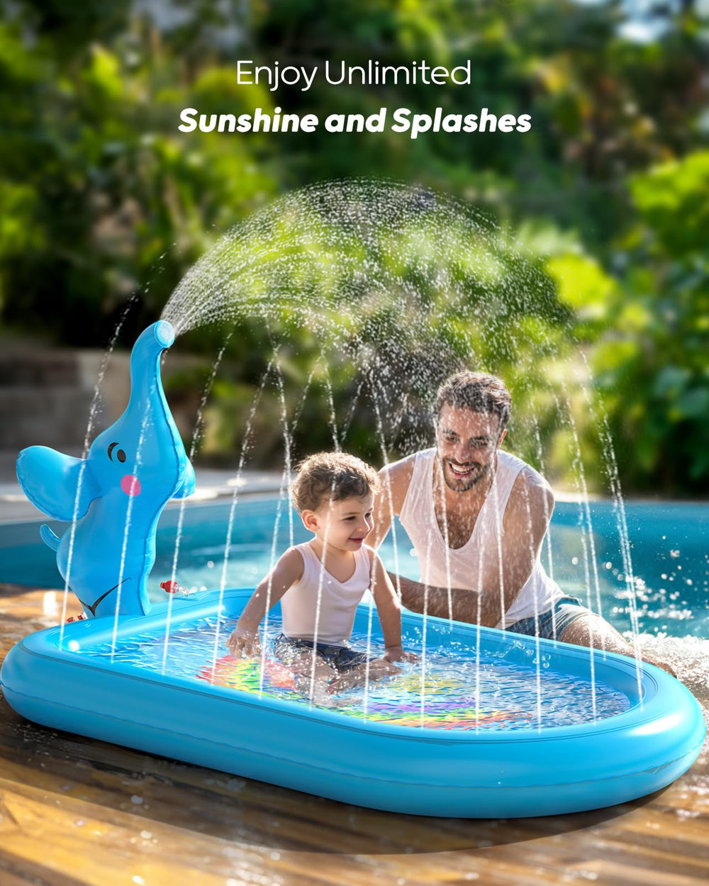 QPAU inflatable sprinkler pool shows friendly elephant character and safe, age-appropriate fun.