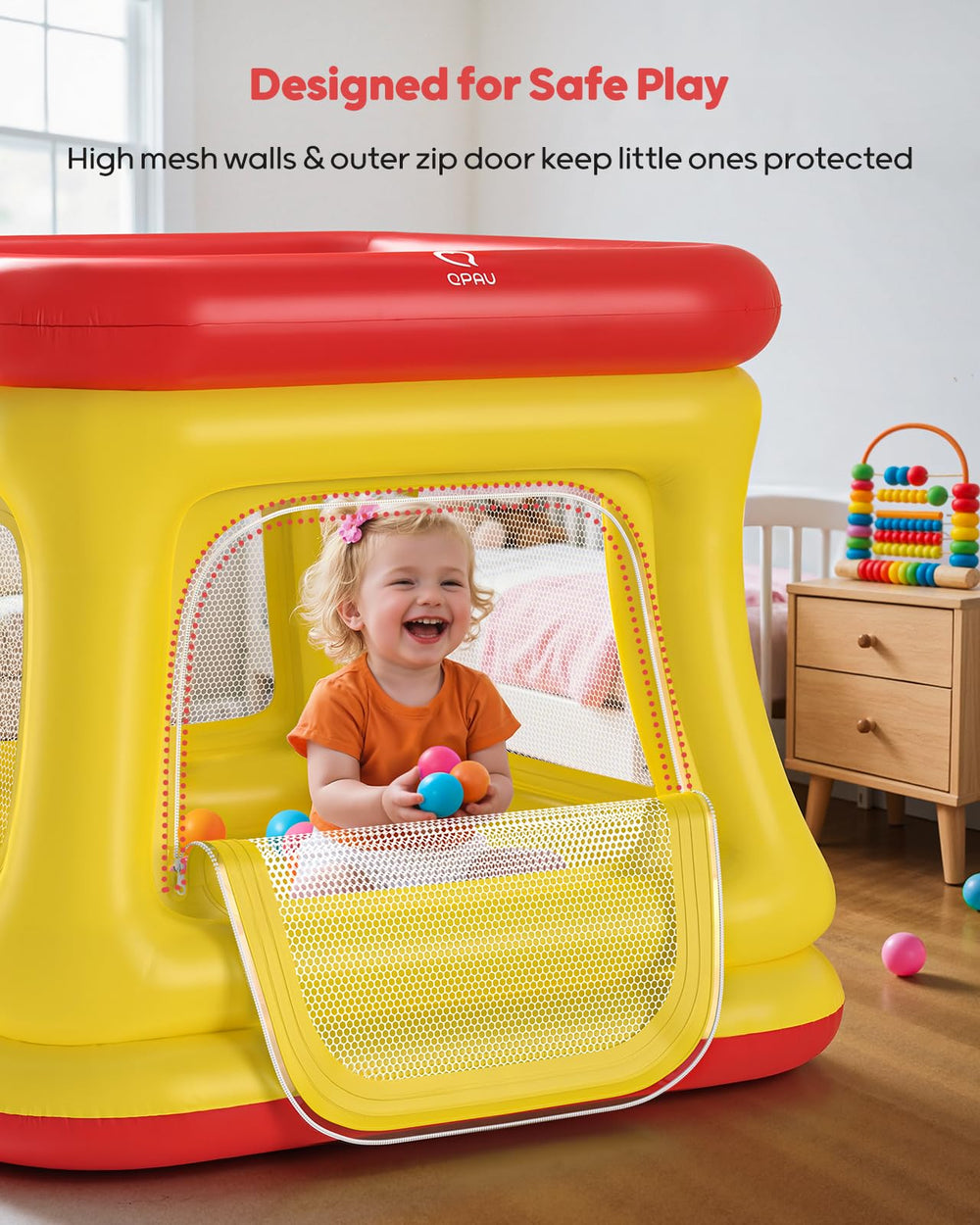 QPAU safety net and zippered door keeping play secure