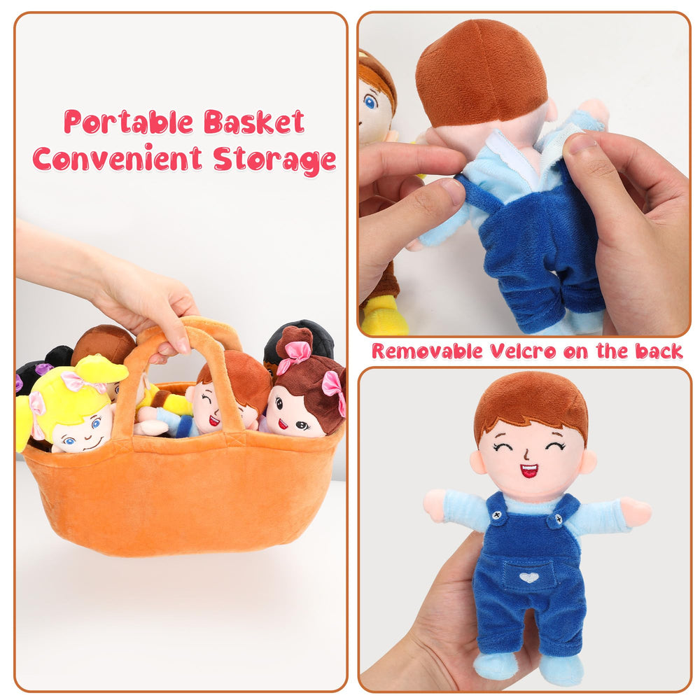 Qpewep dolls with detachable textured sack dresses for dressing practice.