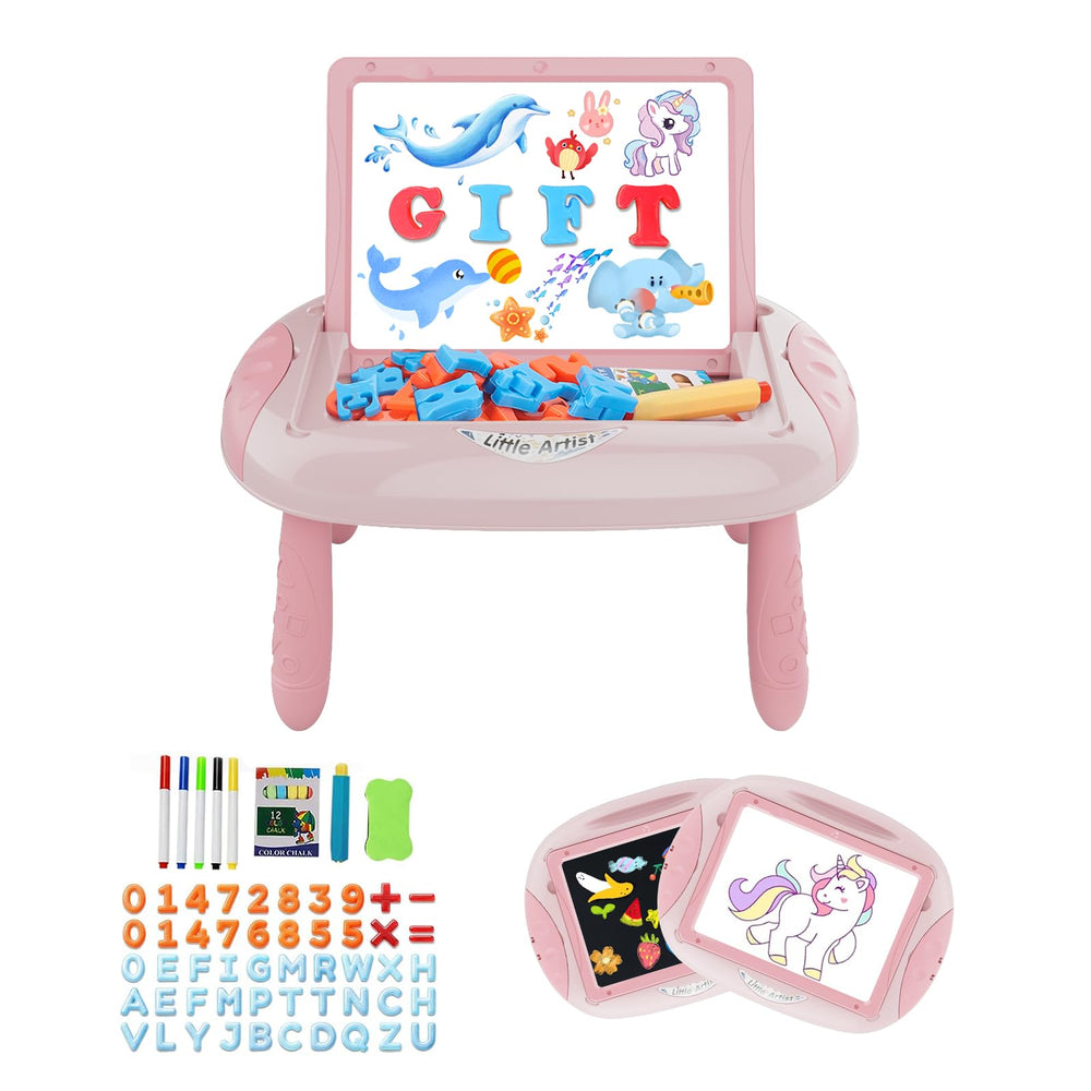 Qrytoi doodle easel in pink with magnetic letters and numbers for early spelling play.