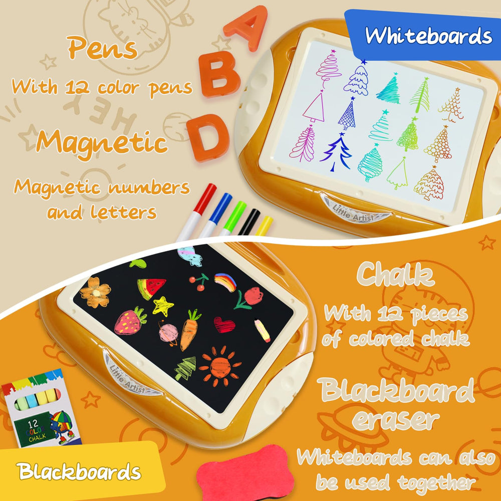 Qrytoi double-sided whiteboard and chalkboard for versatile art activities.
