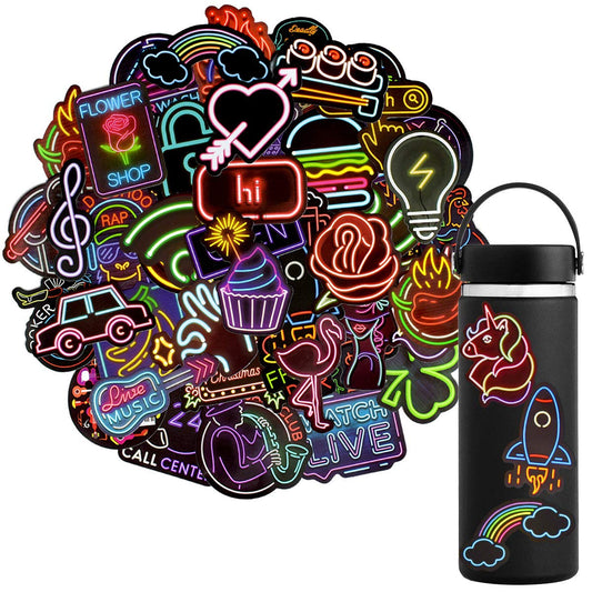 QTL Neon stickers 50pc pack adds vivid color to laptops and water bottles.