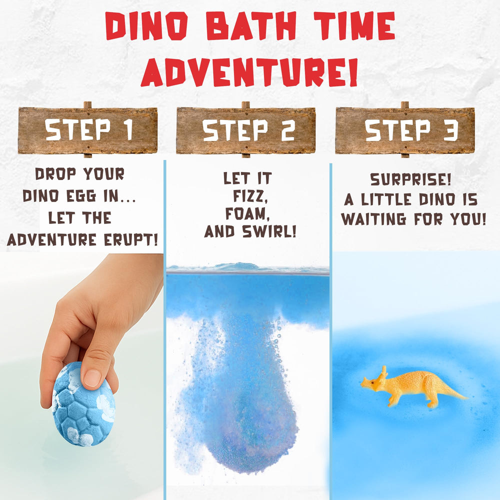 Quack Quack Moo 12-pack dinosaur bath bombs with toy inside for giggles.