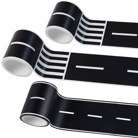 Quadafy race track tape roll highlights durable road decor for kids party.