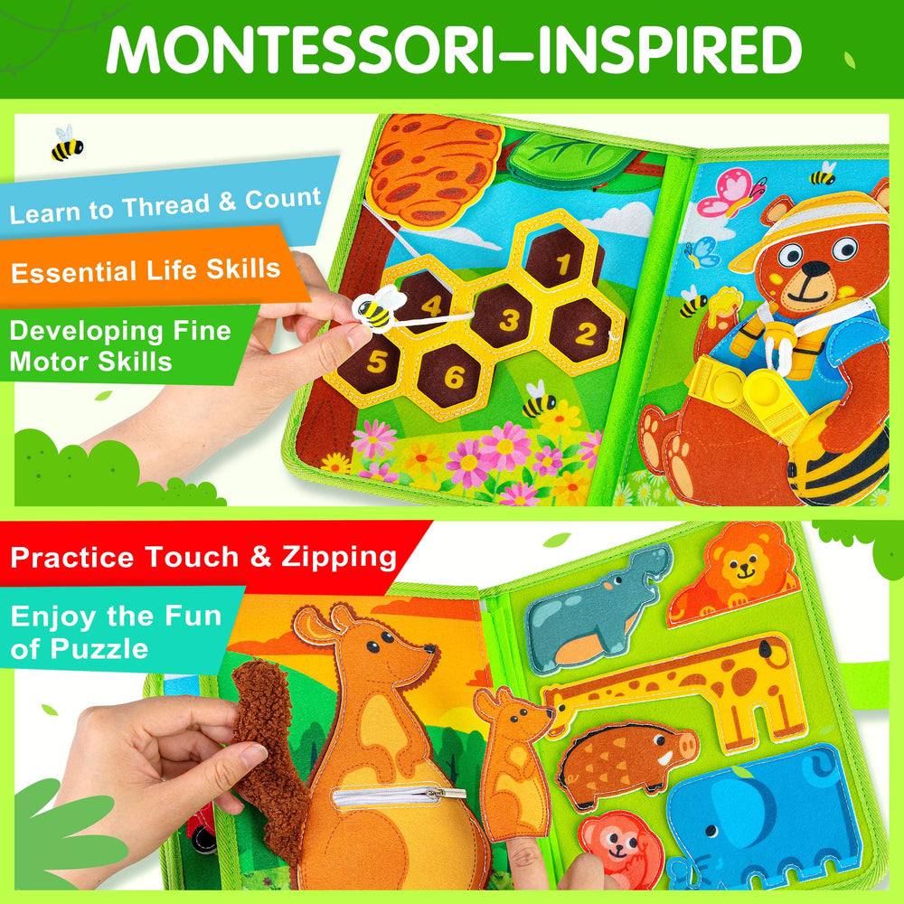 Quanquer Animal Busy Book sorting animals page demonstrates color and shape recognition.