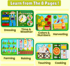 Quanquer Busy Book highlighting buttons and clasps for tactile learning and hand dexterity.