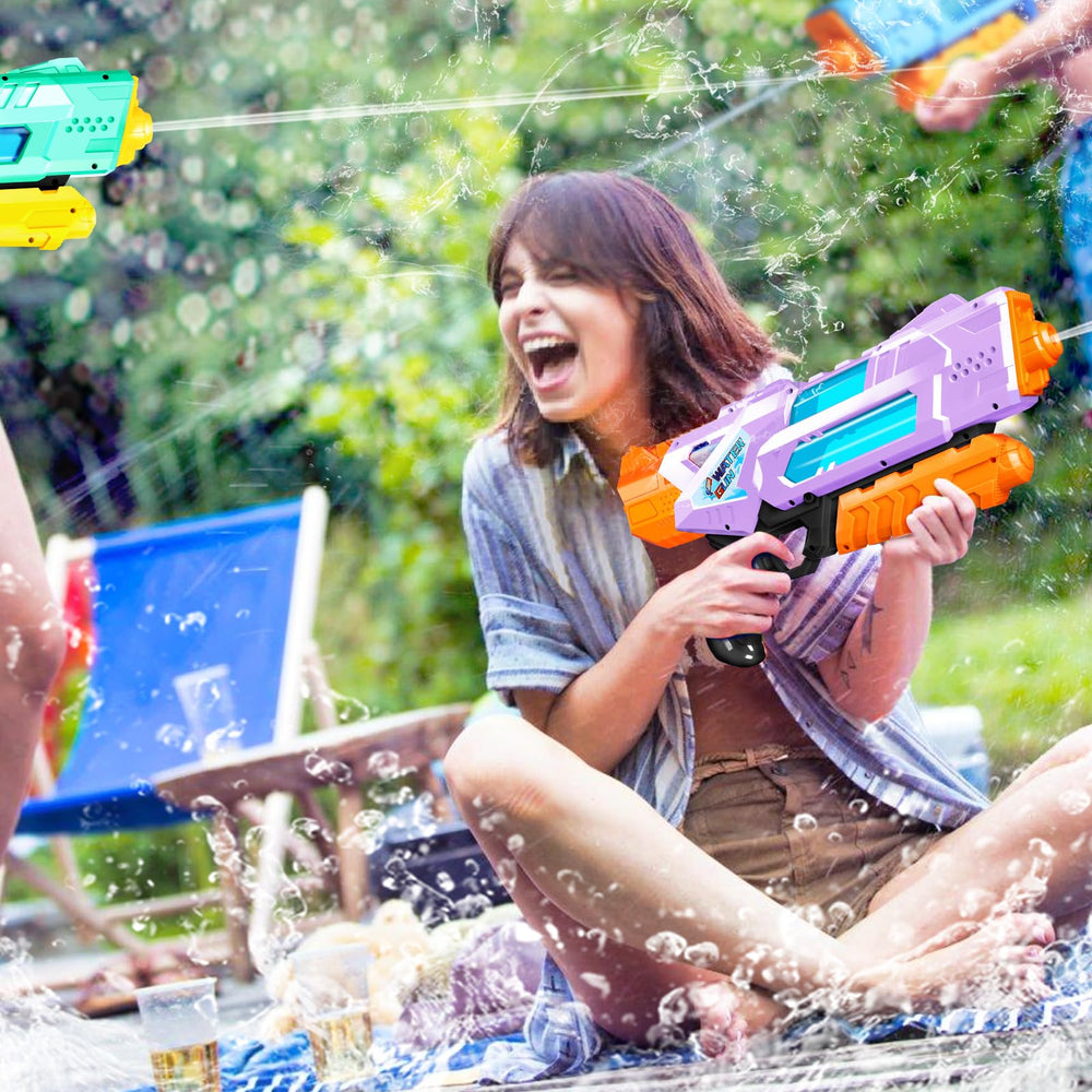 Quanquer water guns at a pool party with vibrant purple and green colors.
