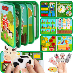 Quanquer Toddler Busy Board with farm page open, stimulating exploration and fine motor skills.