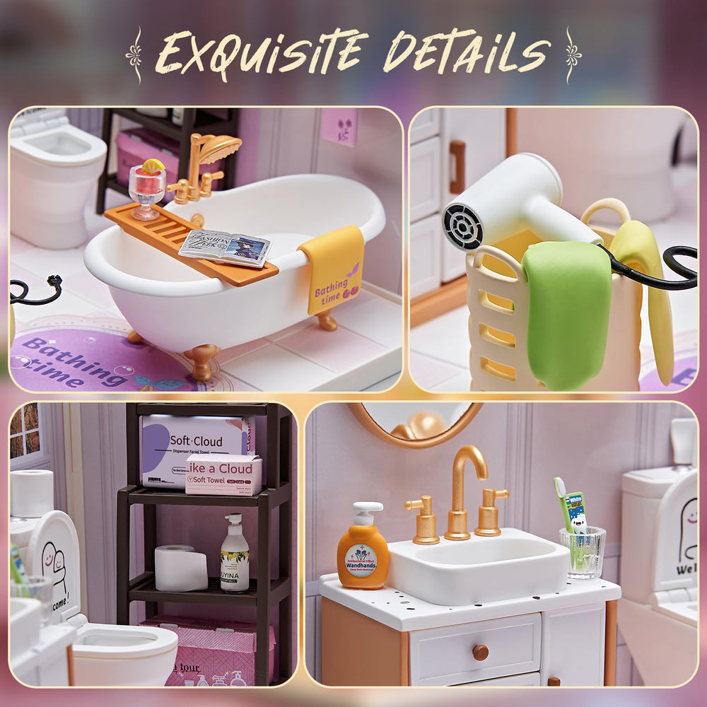 Qudify vanity and fixtures with LED lighting add warm ambience to dollhouses.