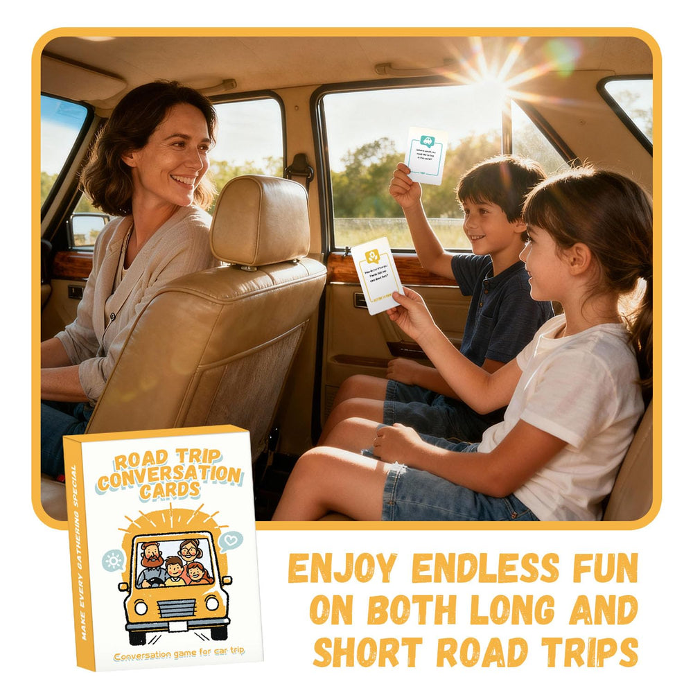 QUEKA KANBAI cards in a warm family scene encouraging laughter