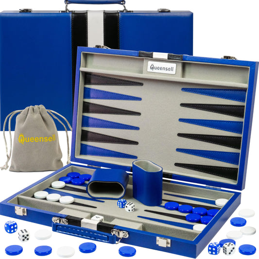 Queensell backgammon board closed, compact for travel and easy storage.