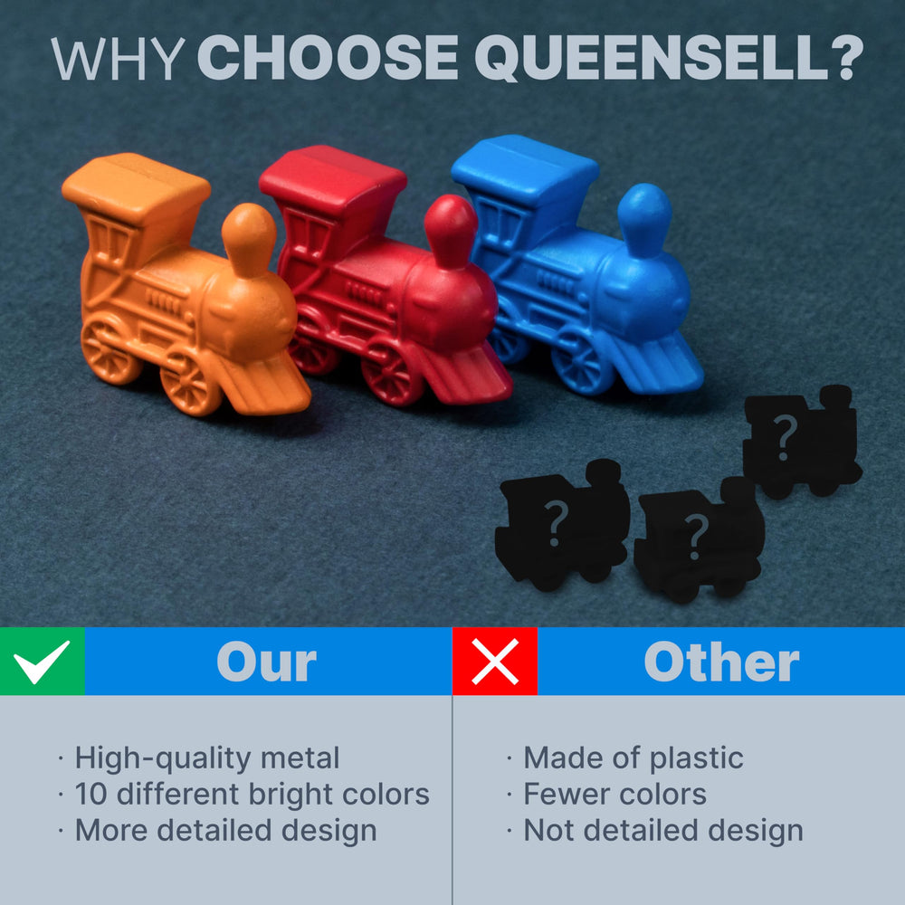 Close-up of Queensell metal trains showing sturdy construction and finish.