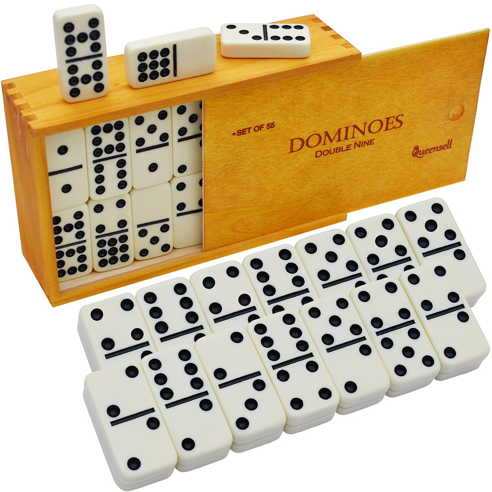 Queensell Dominoes Double Nine tiles arranged for family game night.