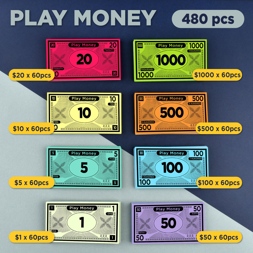 Queensell Play Money eight denominations displayed for math practice.
