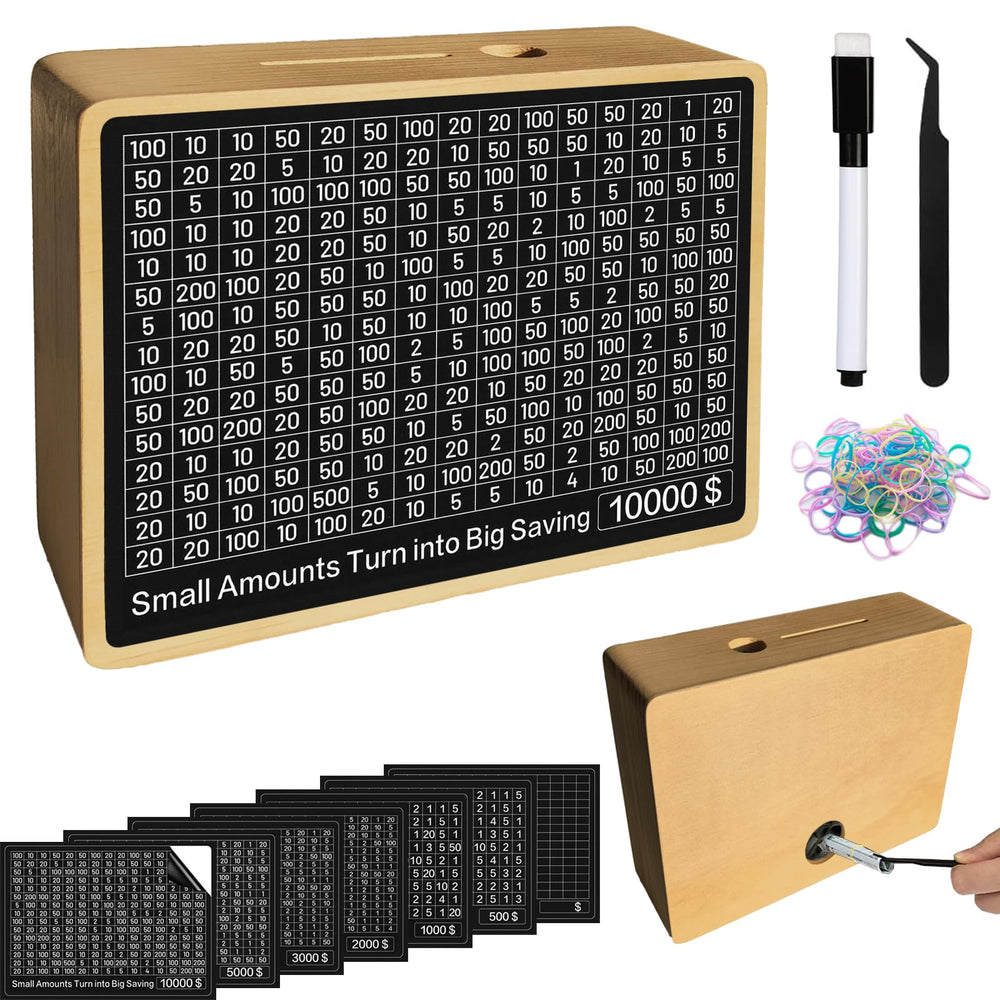Quincunx wooden money-saving box front view shows sturdy construction for long-term goals.
