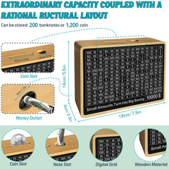 Quincunx wooden money-saving box open lid reveals clear goal slots for organized savings.