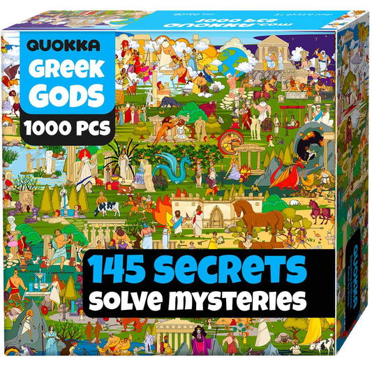 QUOKKA 1000-piece puzzle packaging featuring Greek gods artwork for a captivating unboxing experience.