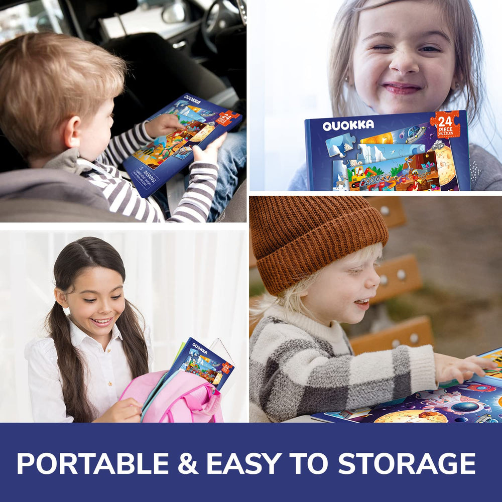 QUOKKA magnetic puzzles feature vehicles, dinosaurs, and space for diverse play.